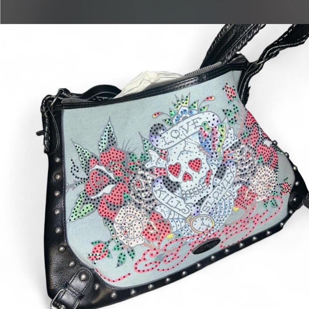 Ed Hardy Black and Gray Shoulder Bag with Colorful Tattoo Design